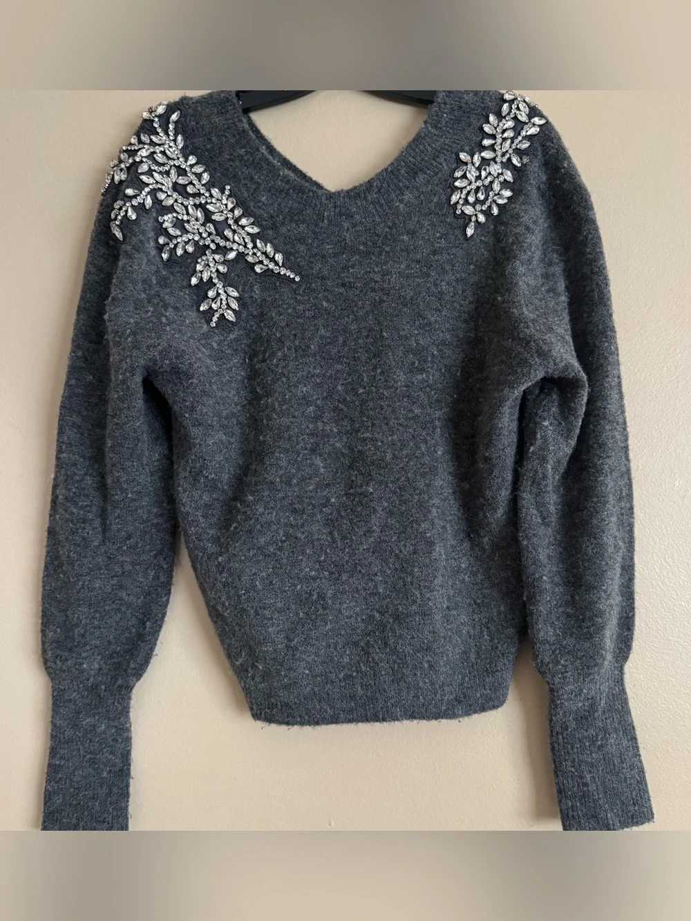 Veronica Beard Valerie Sweater Crystal Embellished Rhinestone Wool Gray Size XS